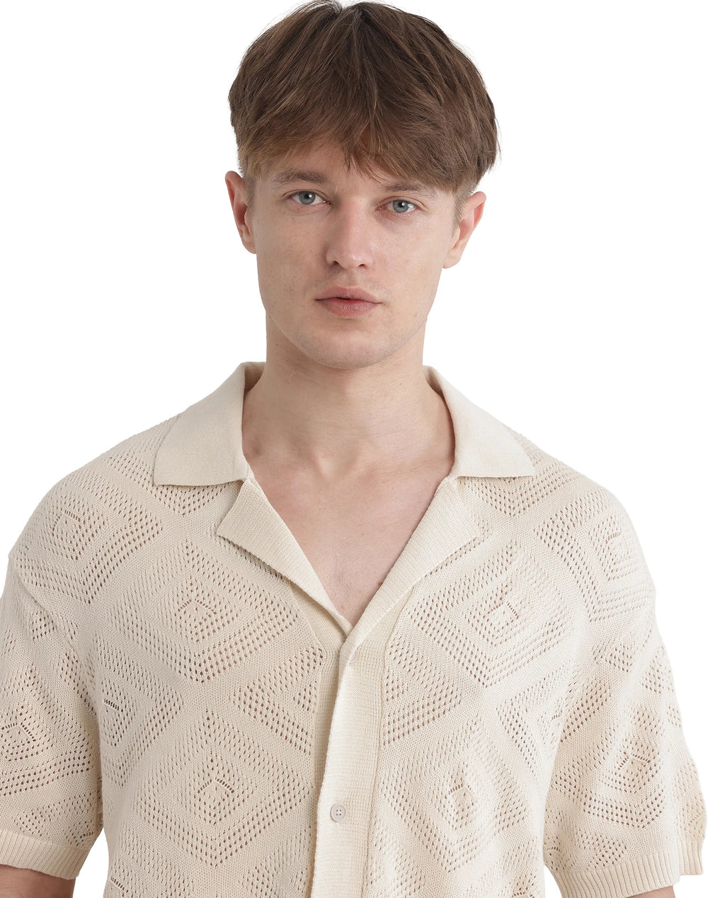 Rare Rabbit Men's Wats White Cotton Textured Boxy Fit Half Sleeve Cuban Collar Shirt