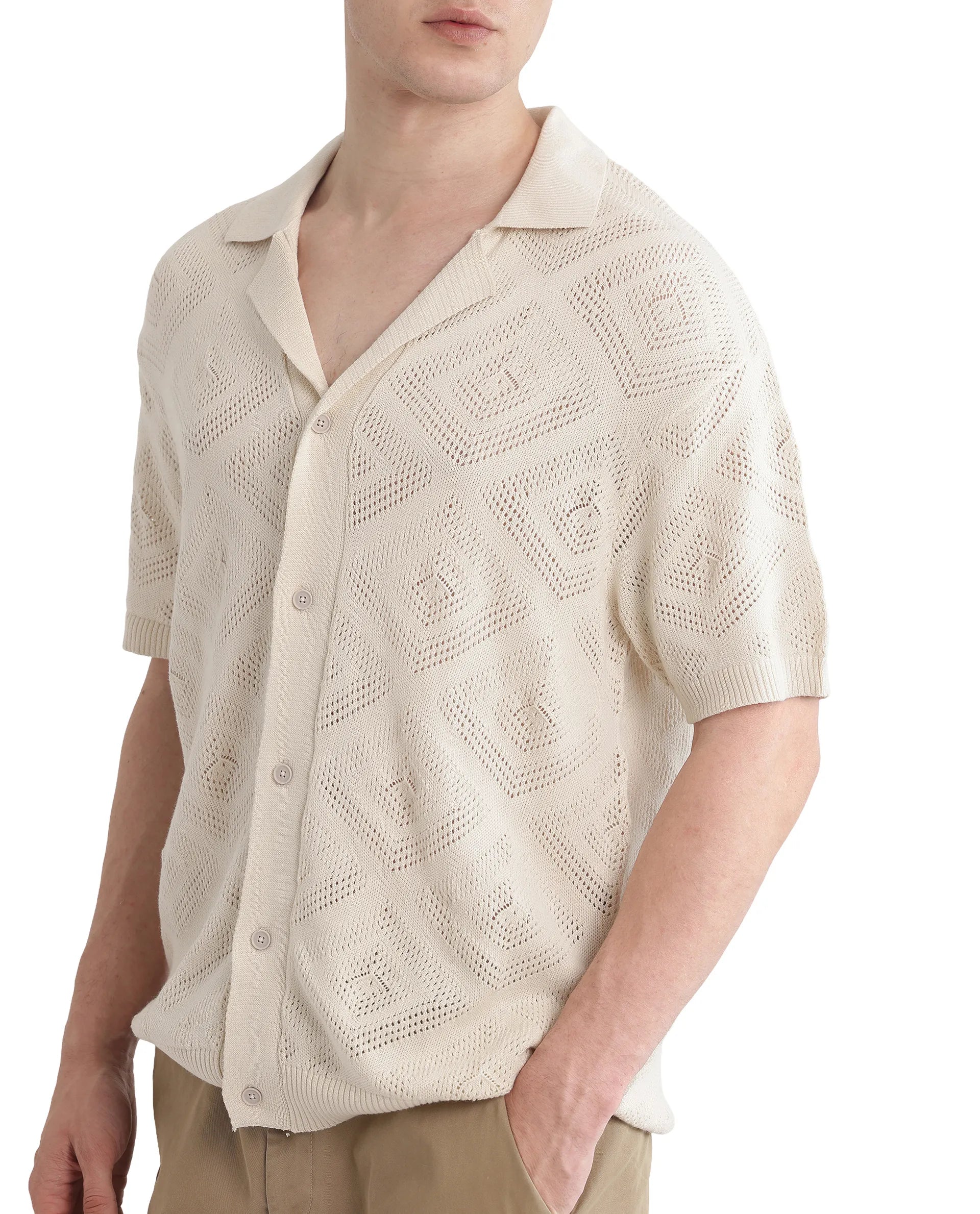Rare Rabbit Men's Wats White Cotton Textured Boxy Fit Half Sleeve Cuban Collar Shirt