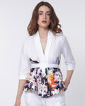 Rareism Women's Wangen White Cotton Collarless Floral Print Relaxed Fit Shrug