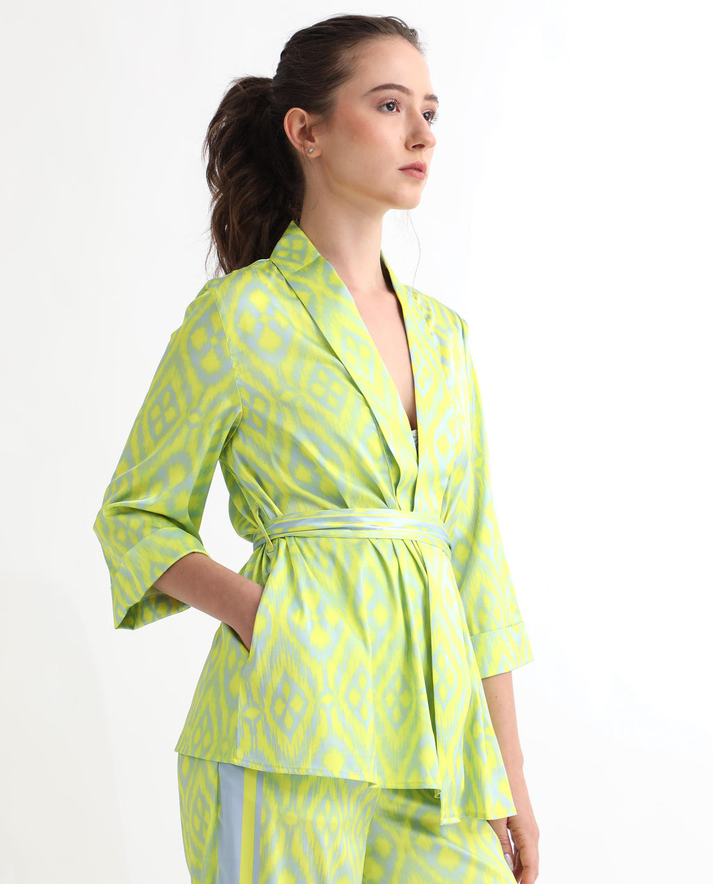 Rareism Women's Wright Flouroscent Yellow Polyester Collarless Abstract Print Regular Fit Top