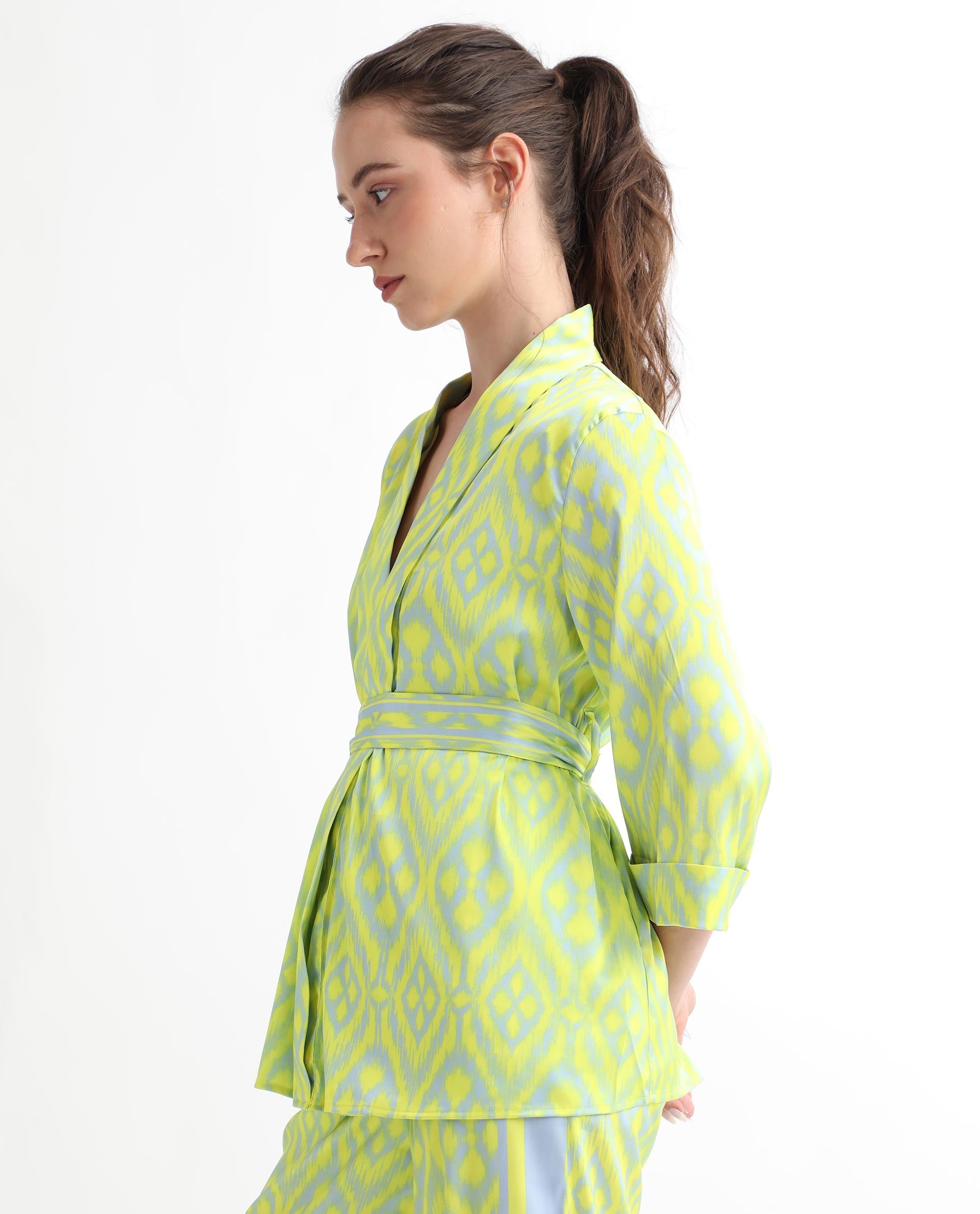 Rareism Women's Wright Flouroscent Yellow Polyester Collarless Abstract Print Regular Fit Top