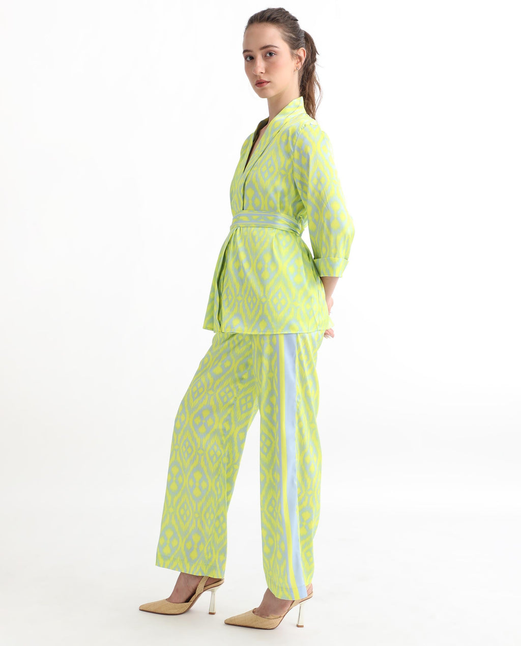 Rareism Women's Wright Flouroscent Yellow Polyester Collarless Abstract Print Regular Fit Top
