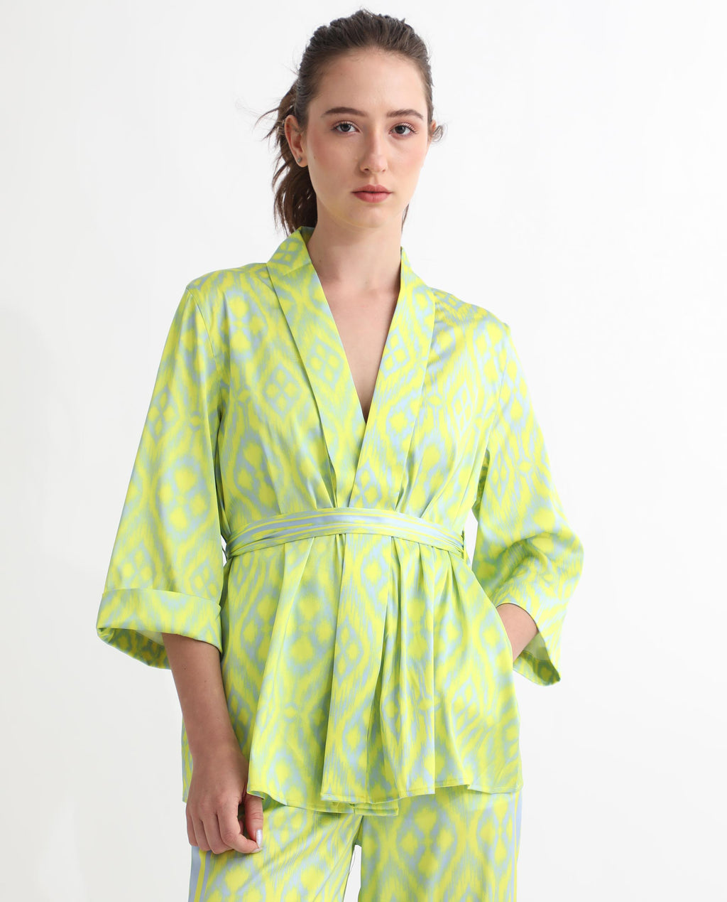 Rareism Women's Wright Flouroscent Yellow Polyester Collarless Abstract Print Regular Fit Top