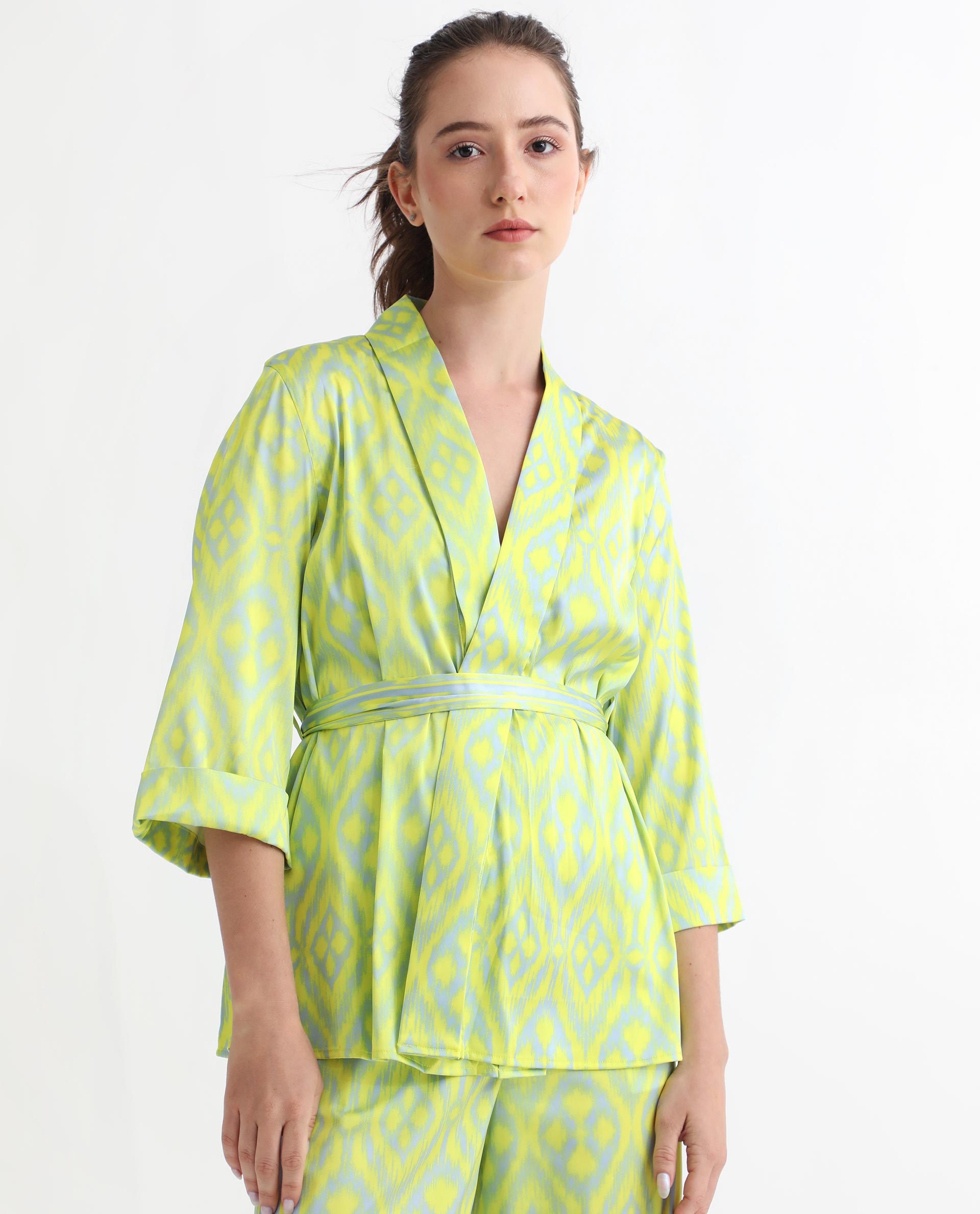 Rareism Women's Wright Flouroscent Yellow Polyester Collarless Abstract Print Regular Fit Top