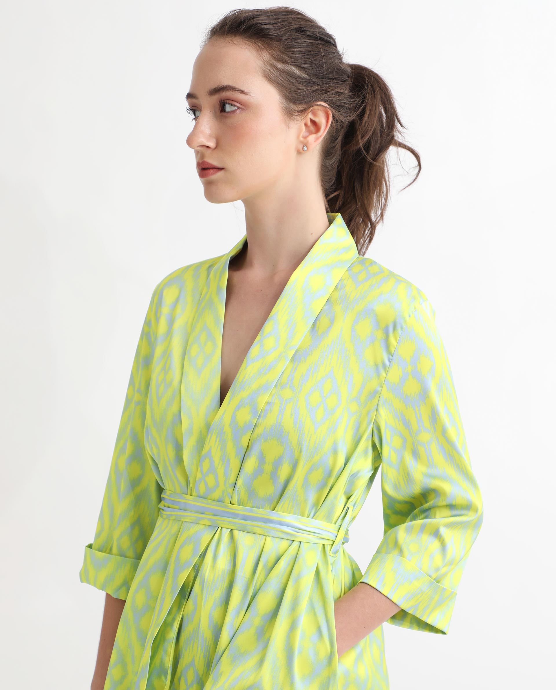 Rareism Women's Wright Flouroscent Yellow Polyester Collarless Abstract Print Regular Fit Top