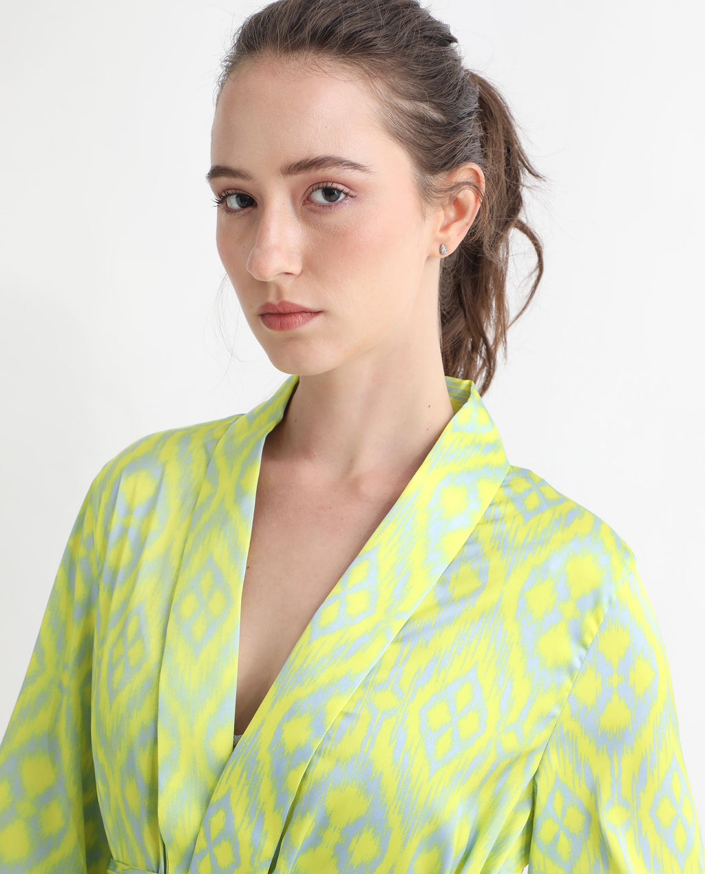 Rareism Women's Wright Flouroscent Yellow Polyester Collarless Abstract Print Regular Fit Top