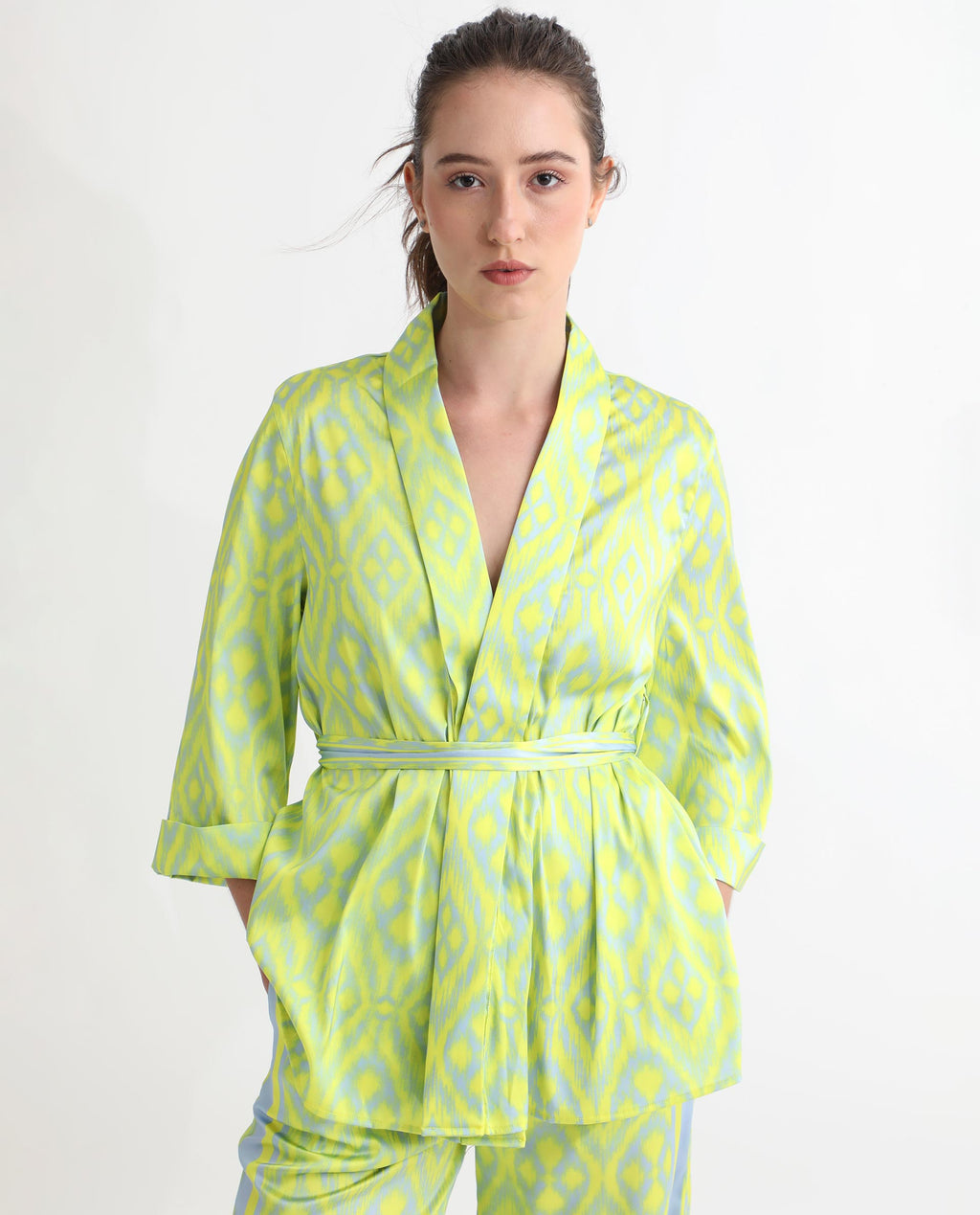 Rareism Women's Wright Flouroscent Yellow Polyester Collarless Abstract Print Regular Fit Top