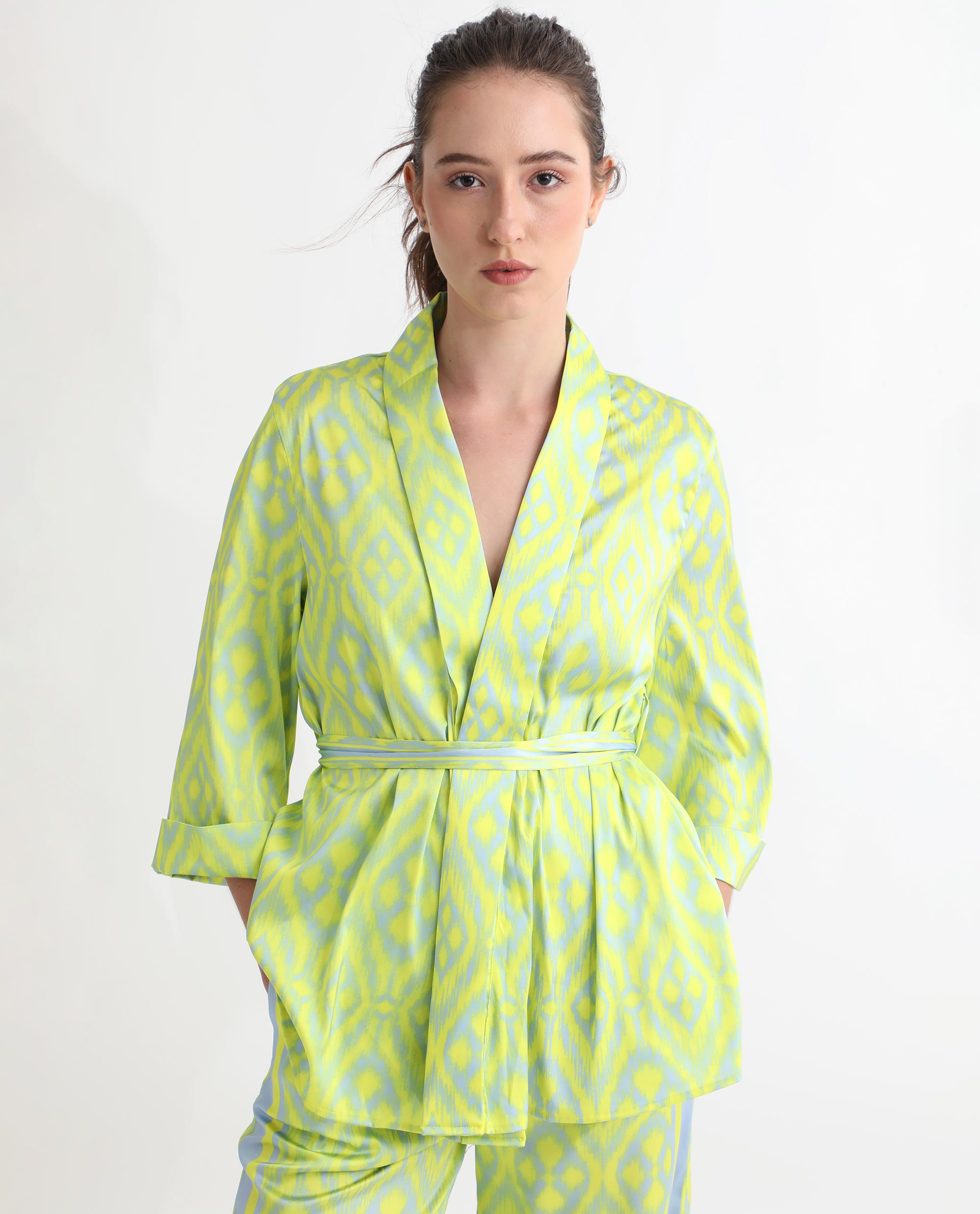 Rareism Women's Wright Flouroscent Yellow Polyester Collarless Abstract Print Regular Fit Top