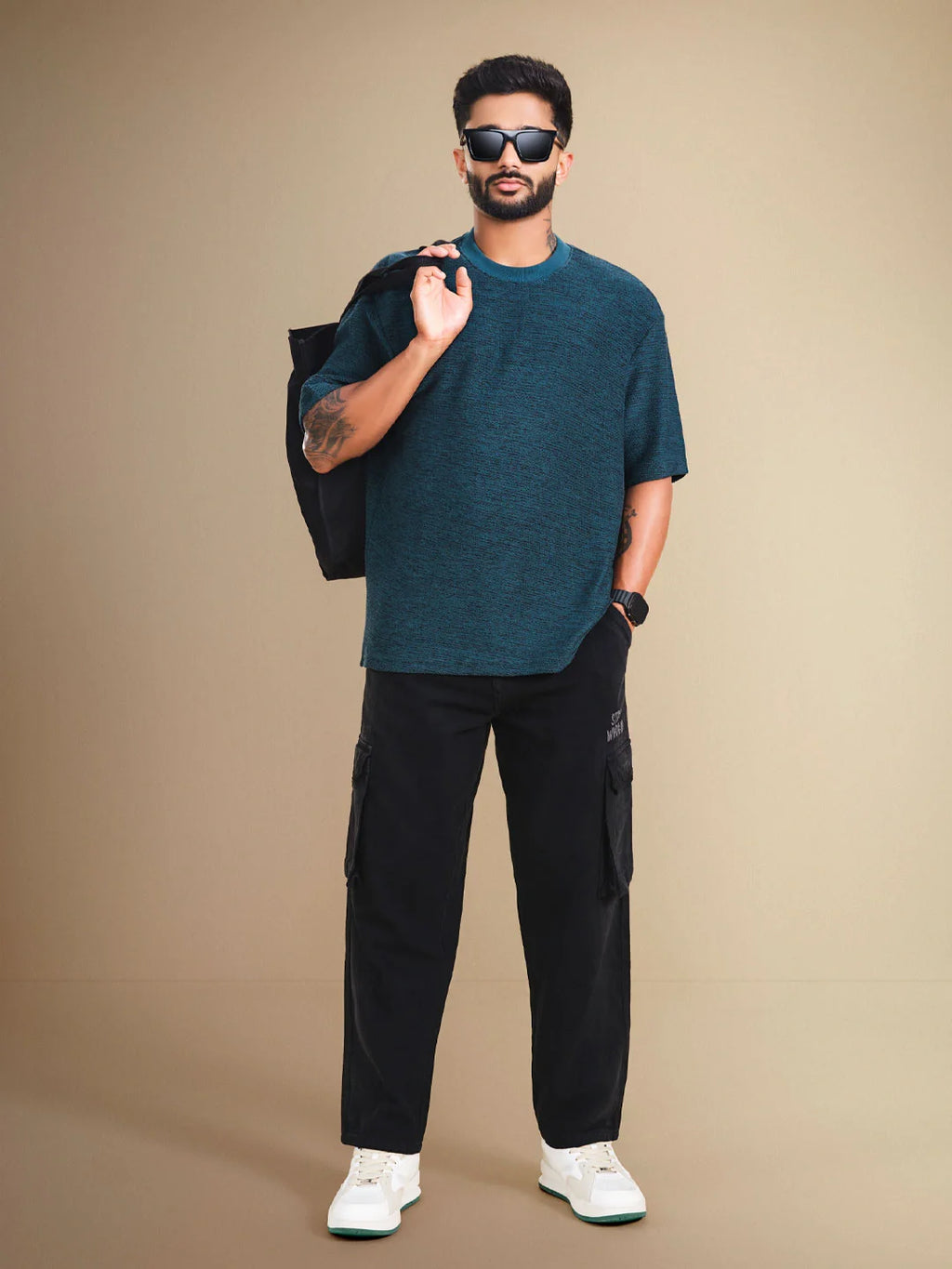 Two Tone Textured Slub Knit Oversized Crew Neck T-Shirt With Chunky Rib | Teal
