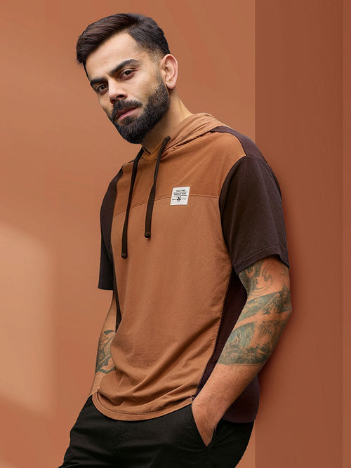 Asymmetrical Colorblocked Textured Hoodie With Printed Canvas Patch | Brown