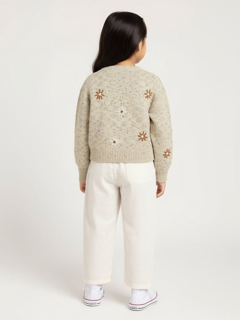 HOP Kids Beige Floral Embroidered Sweater