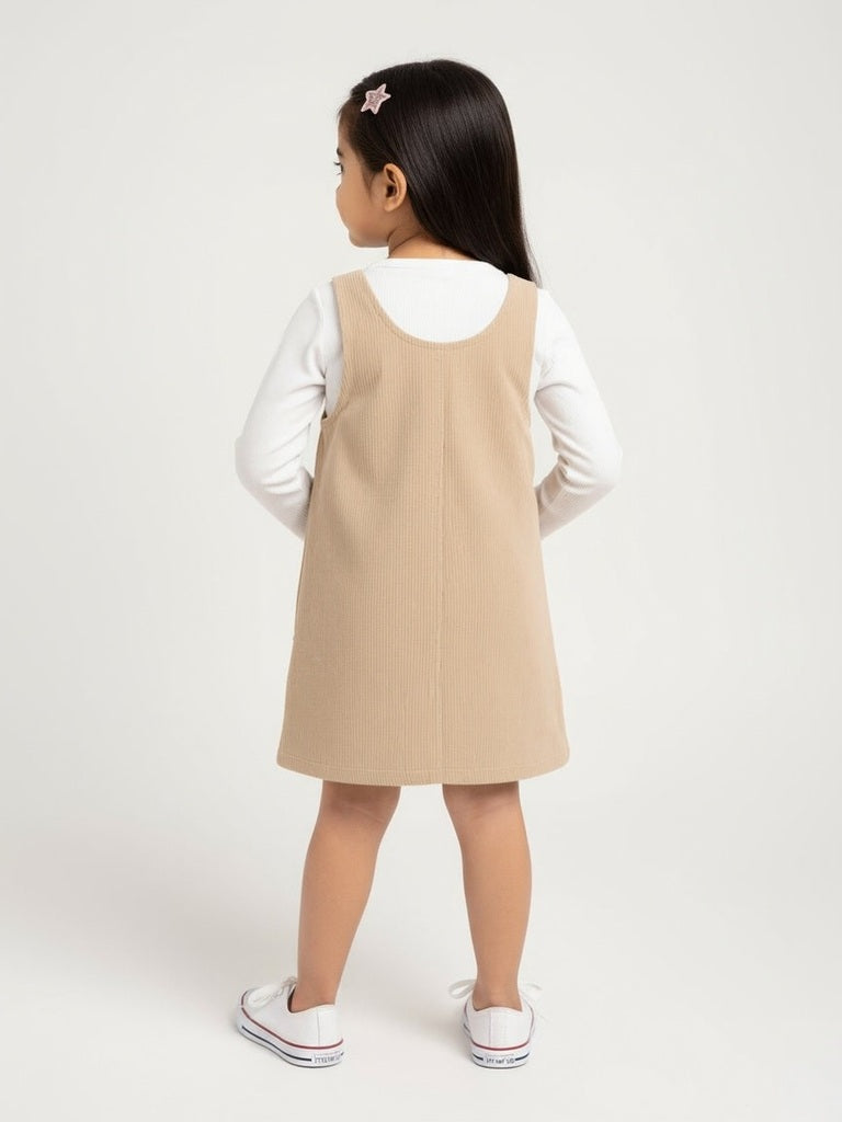 HOP Kids Beige Embroidered Cotton T-Shirt and Pinafore Set