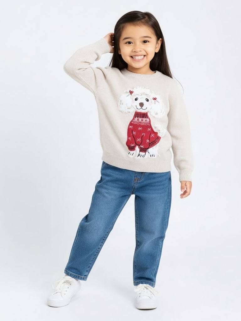 HOP Kids Beige Embroidered Cotton Sweater