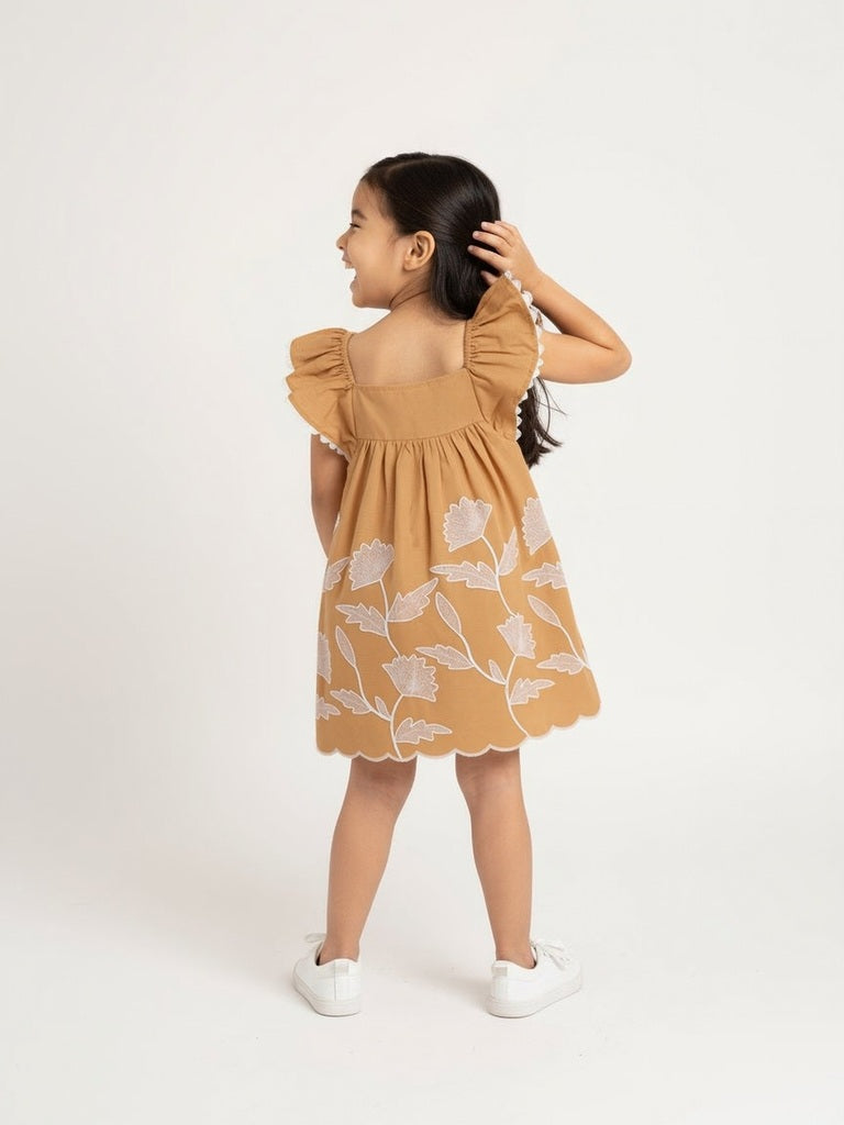 HOP Kids Orange Floral Embroidered Cotton Dress