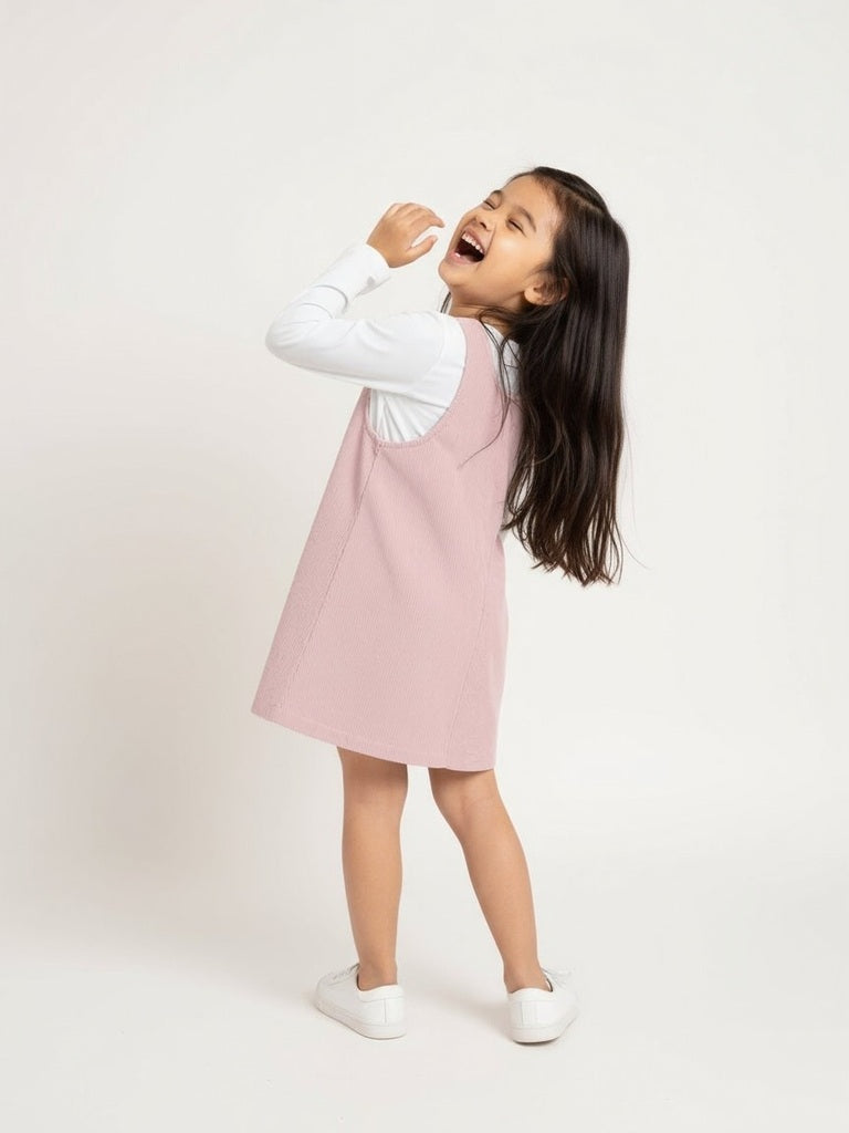 HOP Kids Pink Embroidered Cotton T-Shirt and Pinafore Set