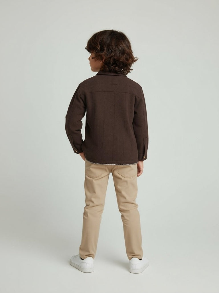 HOP Kids Dark Brown Embroidered Resort-Fit Cotton Shirt