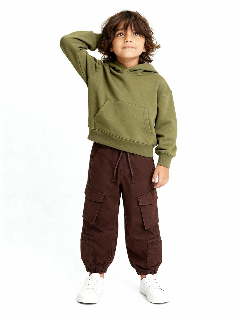 HOP Kids Dark Brown Mid-Rise Cotton-Blend Cargo Joggers