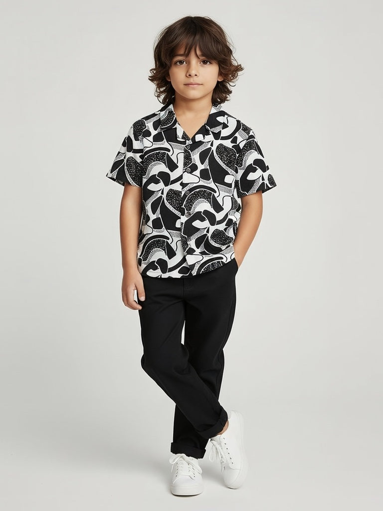 HOP Kids Black and White Abstract Print Resort-Fit Shirt