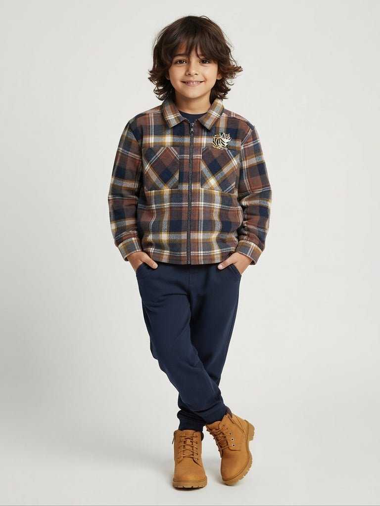 HOP Kids Brown Checkered Cotton Shirt