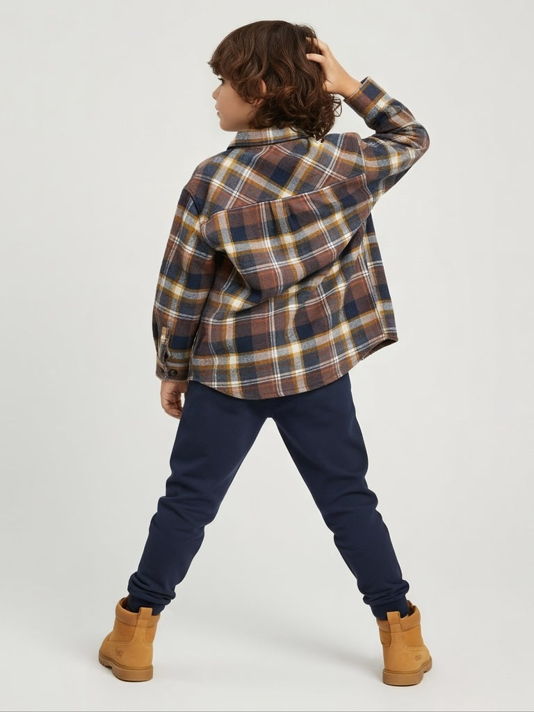 HOP Kids Brown Checkered Cotton Shirt
