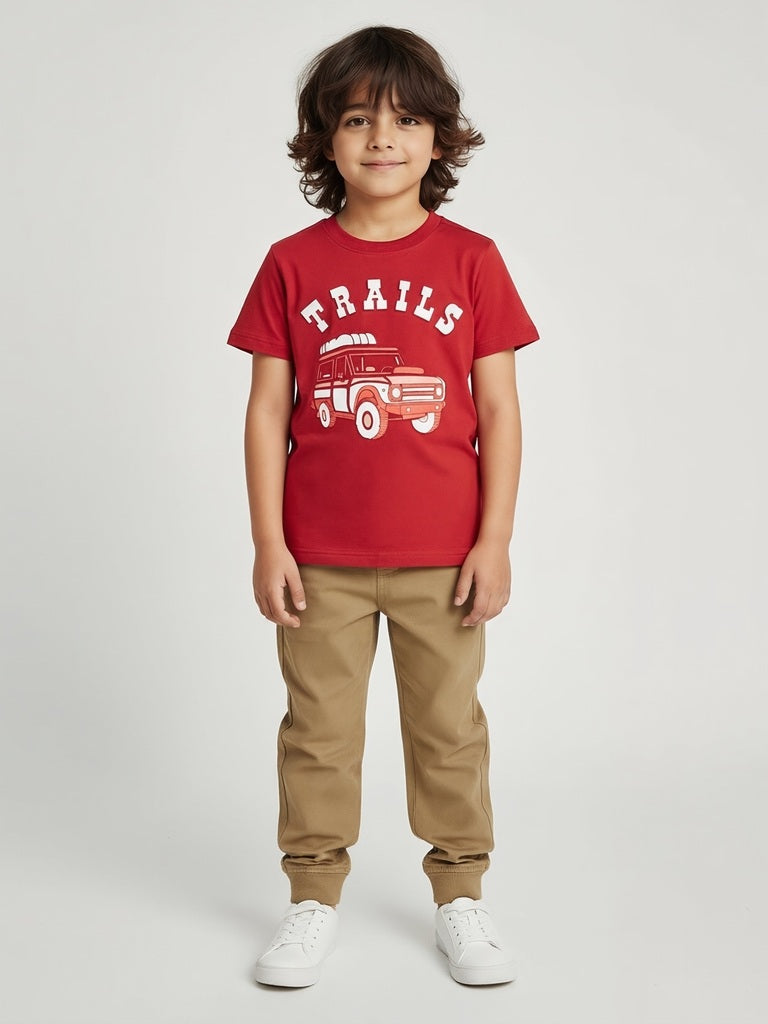 HOP Kids Red Embossed Cotton T-Shirt