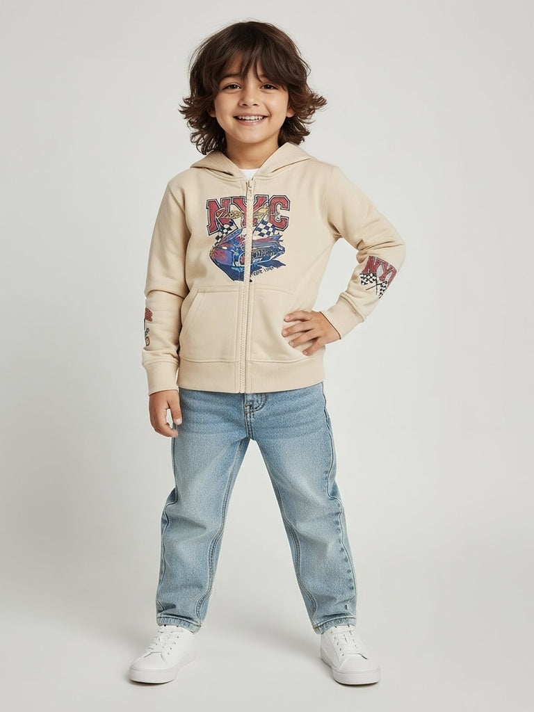 HOP Kids Beige Printed Cotton-Blend Hooded Jacket