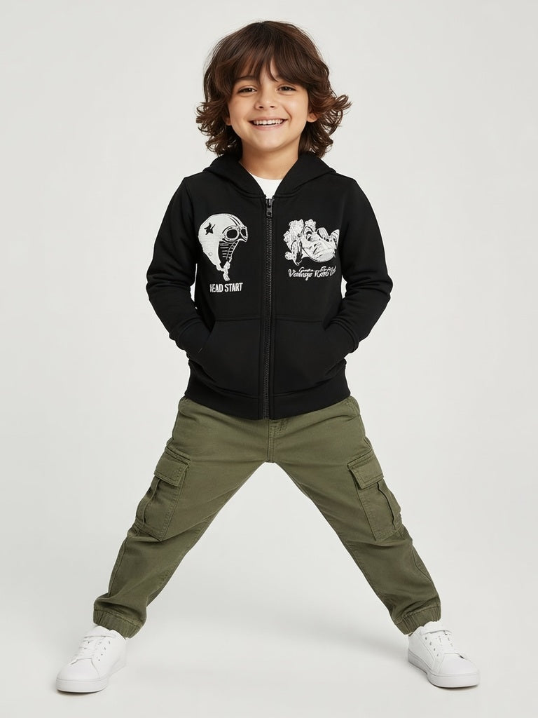 HOP Kids Black Printed Cotton-Blend Hooded Jacket