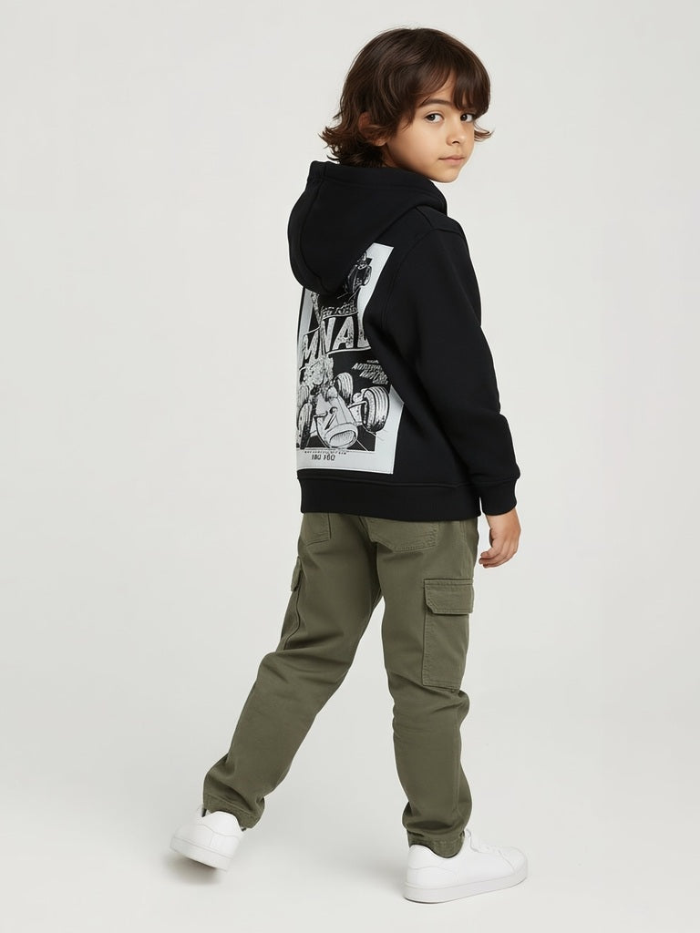 HOP Kids Black Printed Cotton-Blend Hooded Jacket