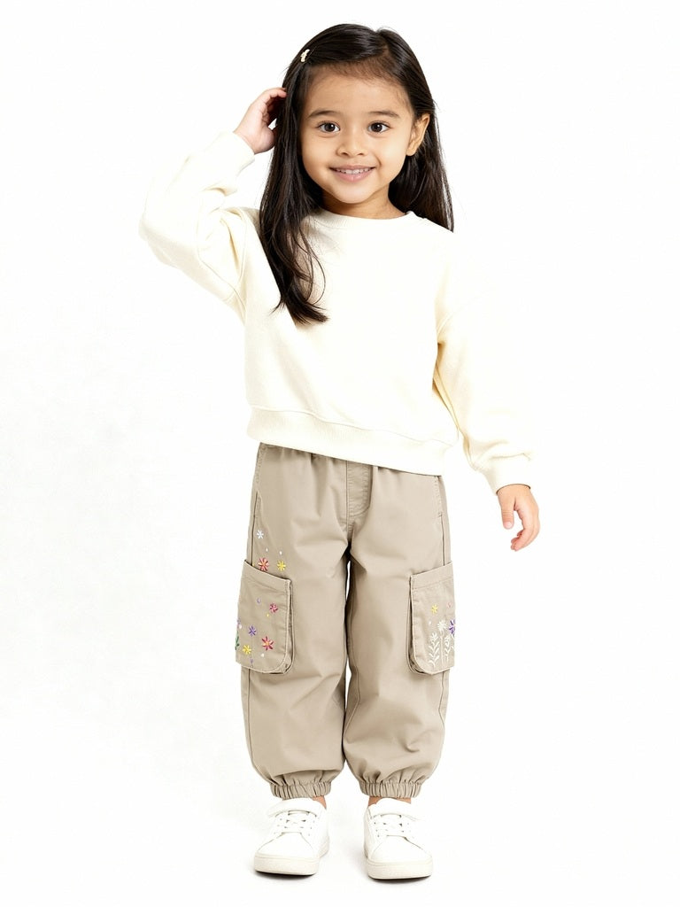 HOP Kids Beige Floral Embroidered Mid-Rise Cotton Joggers