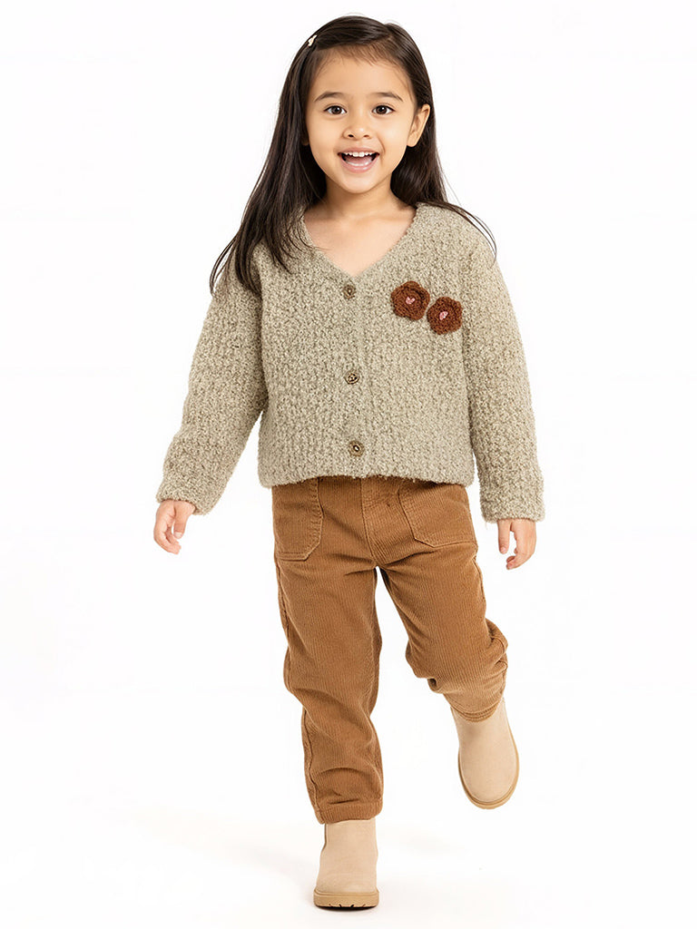 HOP Kids Beige Floral Detailed Fleece Cardigan