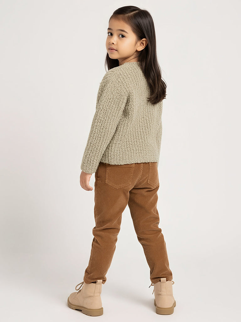 HOP Kids Beige Floral Detailed Fleece Cardigan