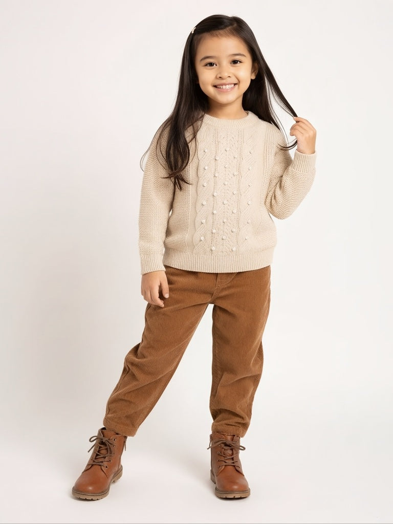 HOP Kids Beige Pearl-Detailed Sweater