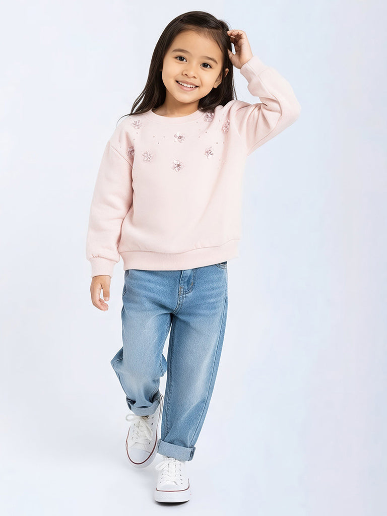 HOP Kids Light Pink Floral Applique Cotton-Blend Sweatshirt