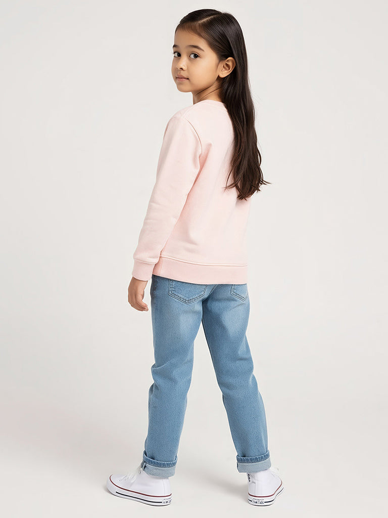 HOP Kids Light Pink Floral Applique Cotton-Blend Sweatshirt