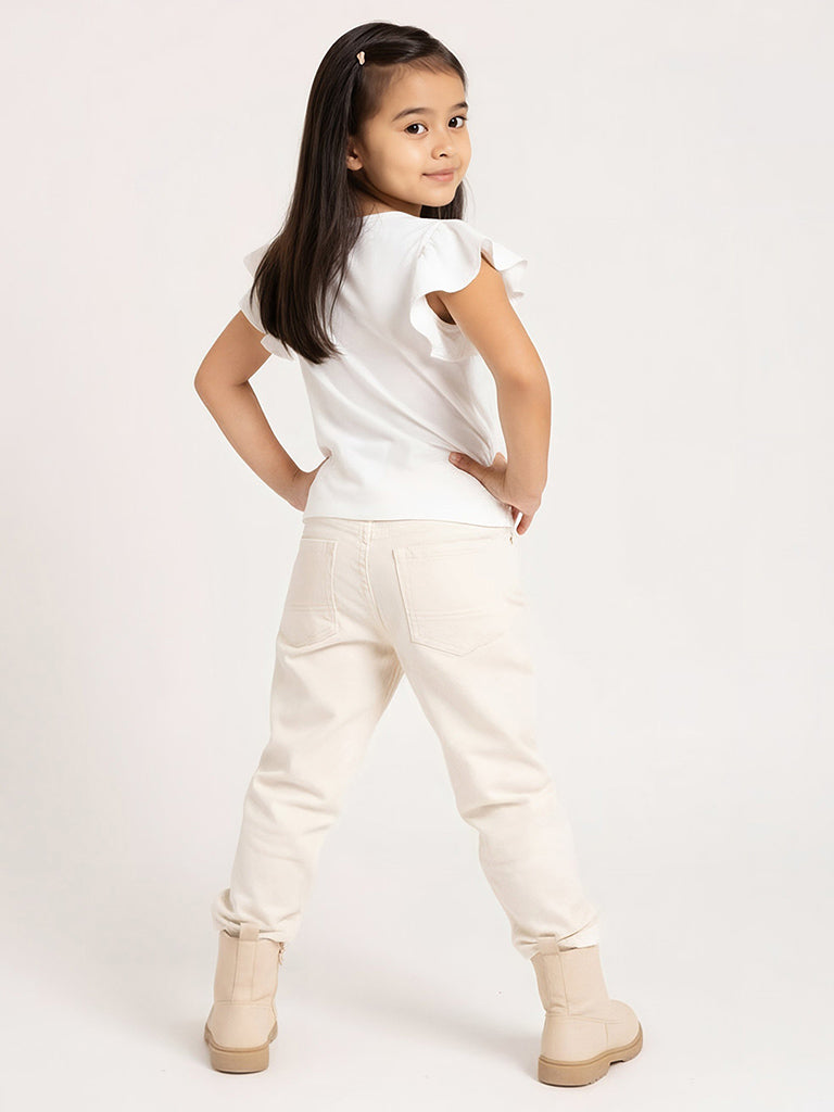 HOP Kids Off-White Floral Embellished Cotton Top