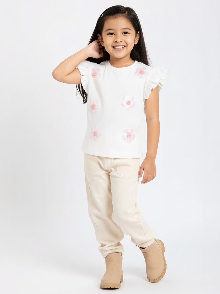 HOP Kids Off-White Floral Embellished Cotton Top