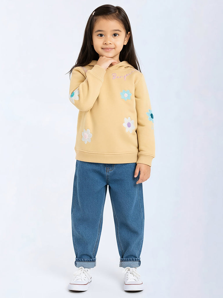 HOP Kids Mustard Floral Embroidered Cotton-Blend Hoodie