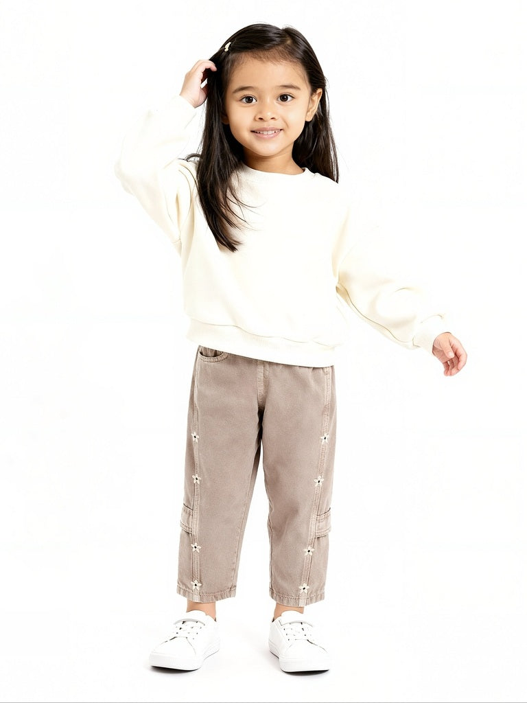 HOP Kids Brown Floral Embroidered High-Rise Jeans