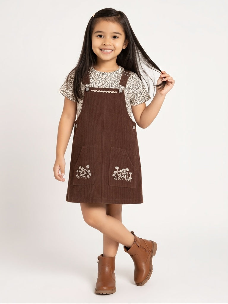 HOP Kids Dark Brown Corduroy Pinafore with T-Shirt Set