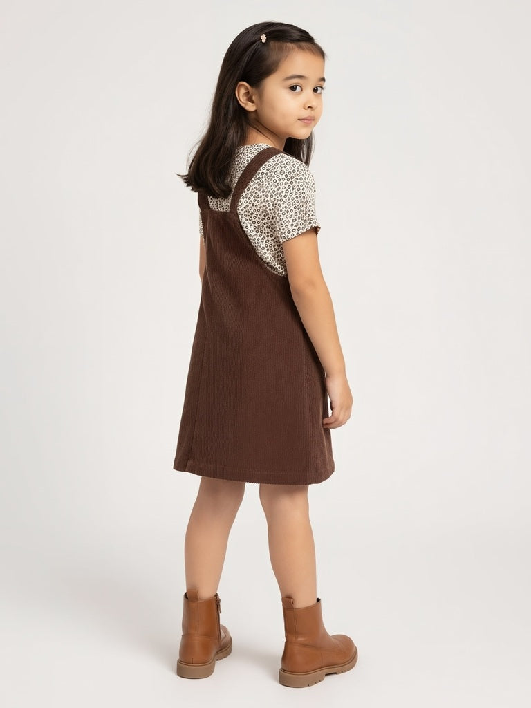 HOP Kids Dark Brown Corduroy Pinafore with T-Shirt Set