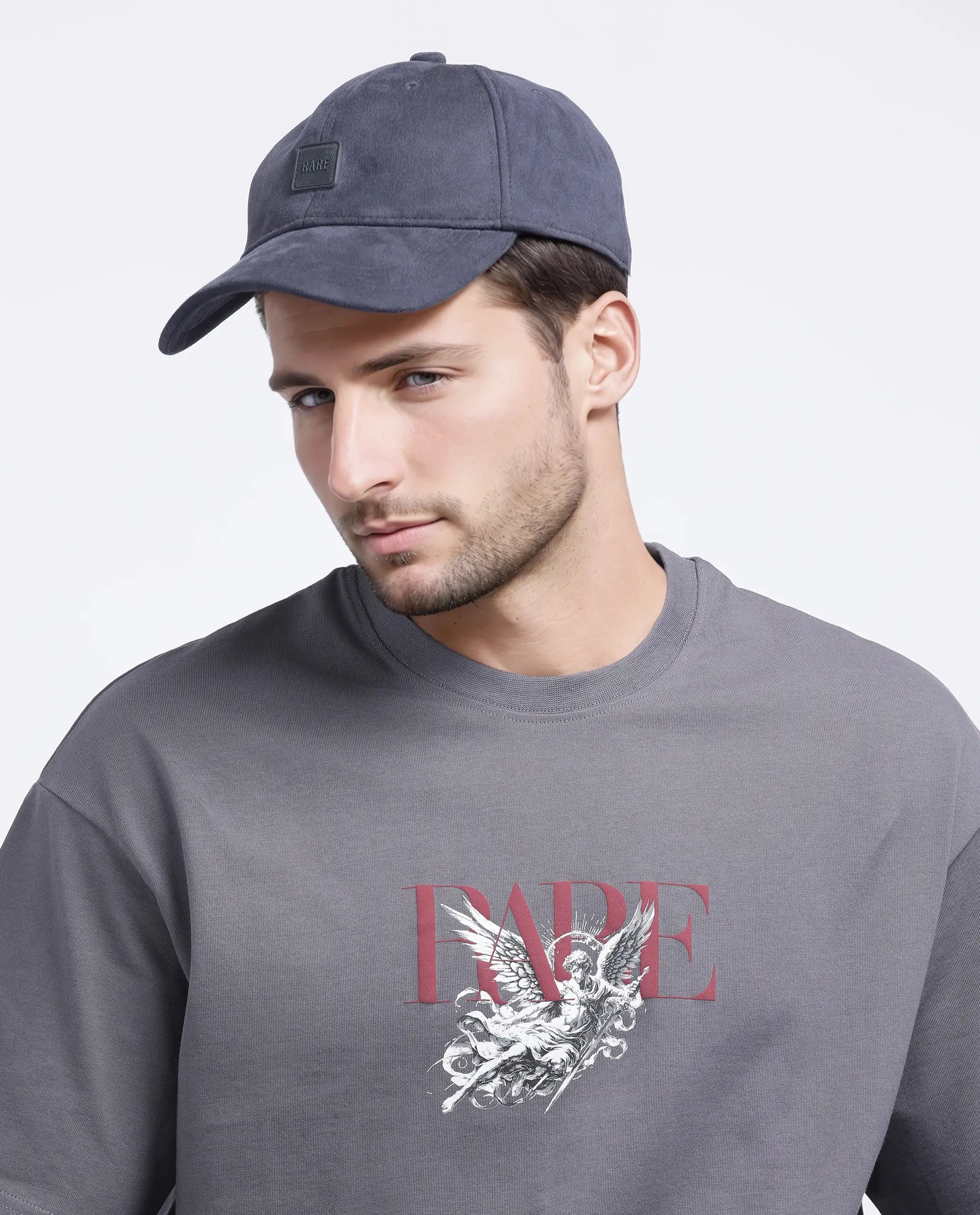Rare Rabbit Men's Xab Dark Grey Cotton Graphic Print Oversized Fit Half Sleeve Crew Neck T-Shirt
