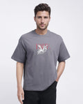Rare Rabbit Men's Xab Dark Grey Cotton Graphic Print Oversized Fit Half Sleeve Crew Neck T-Shirt