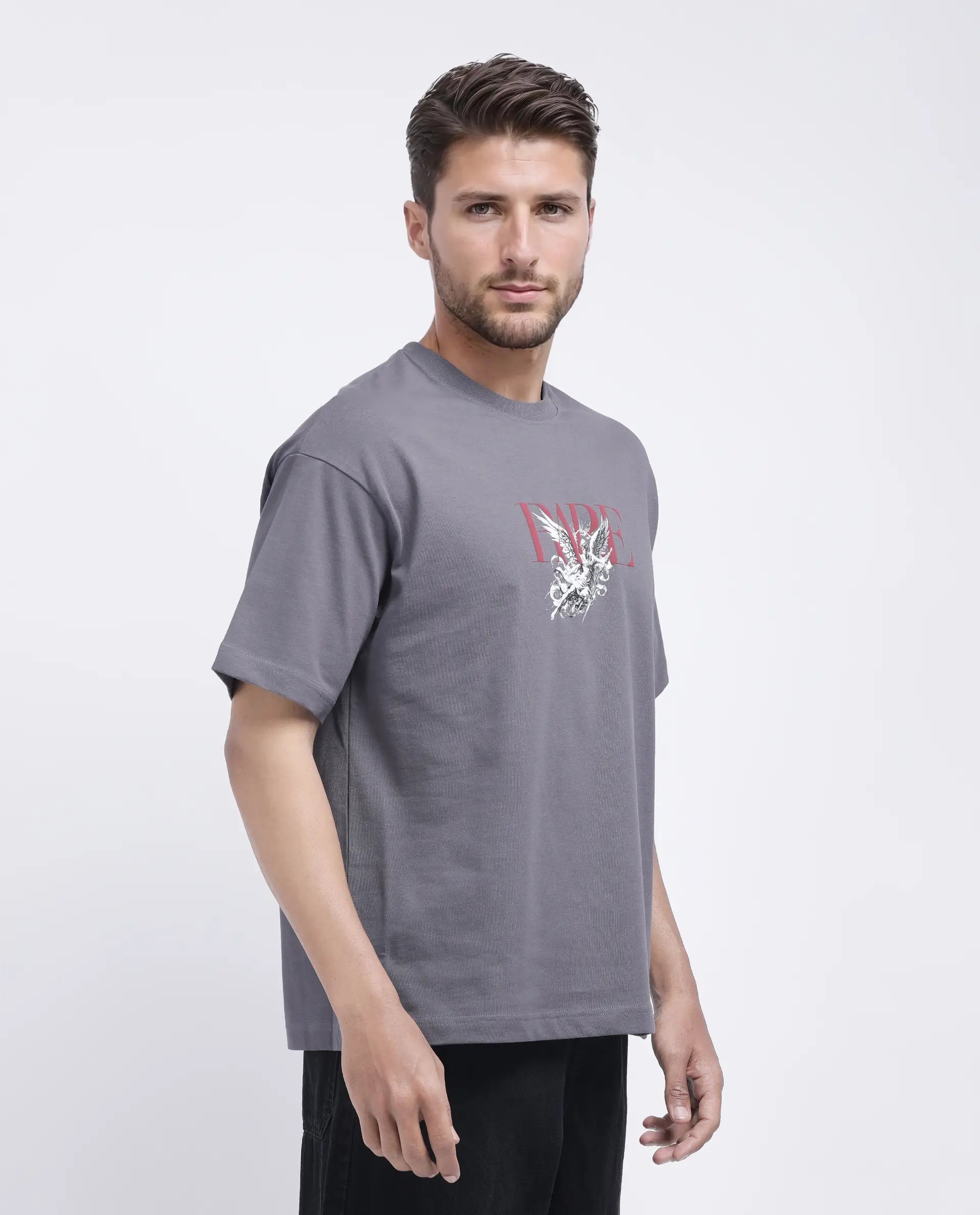 Rare Rabbit Men's Xab Dark Grey Cotton Graphic Print Oversized Fit Half Sleeve Crew Neck T-Shirt