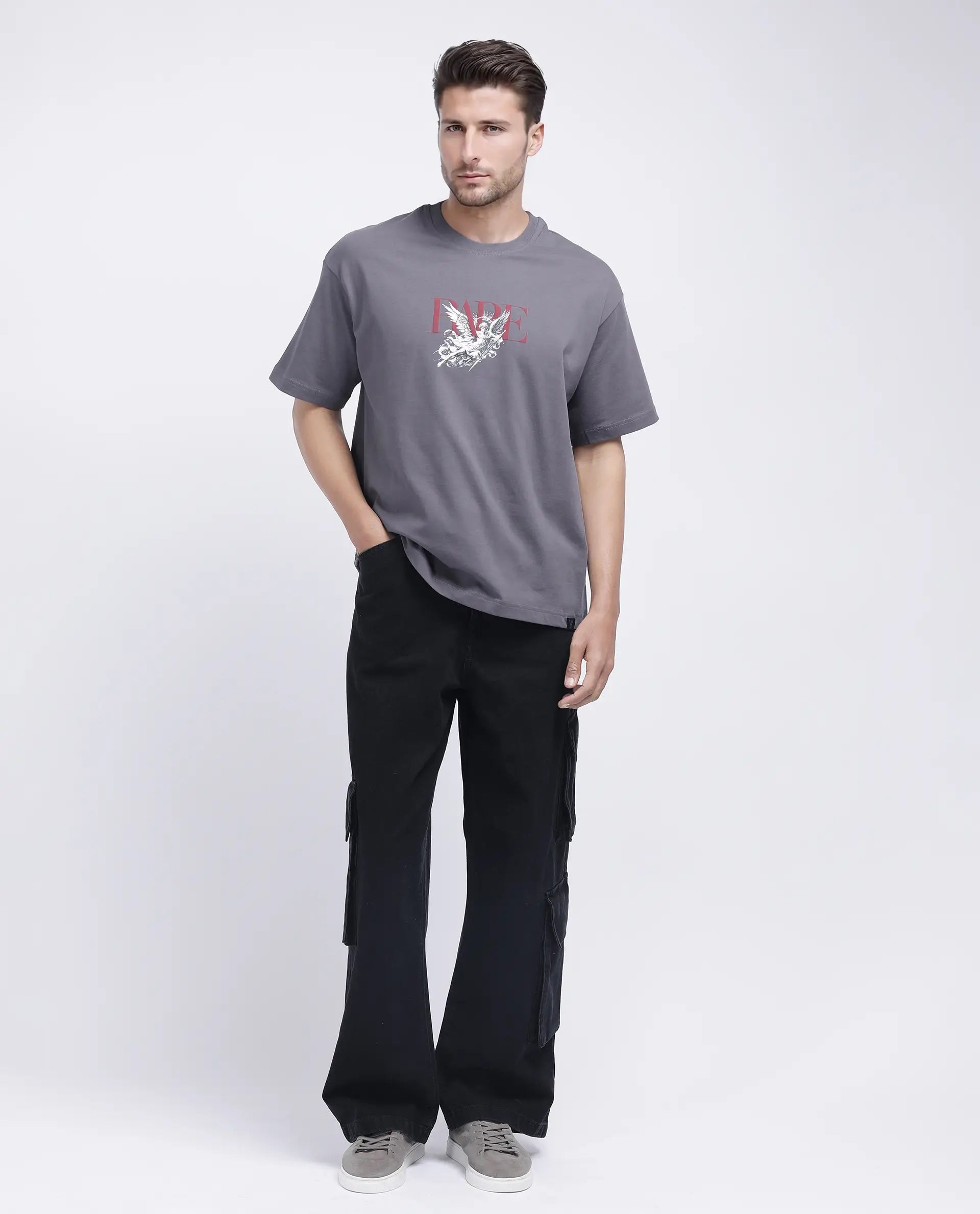Rare Rabbit Men's Xab Dark Grey Cotton Graphic Print Oversized Fit Half Sleeve Crew Neck T-Shirt