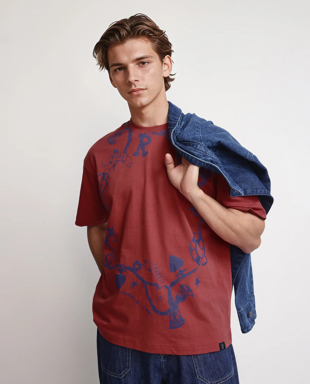 Rare Rabbit Men's Xab Pastel Red Cotton Graphic Print Oversized Fit Half Sleeve Crew Neck T-Shirt