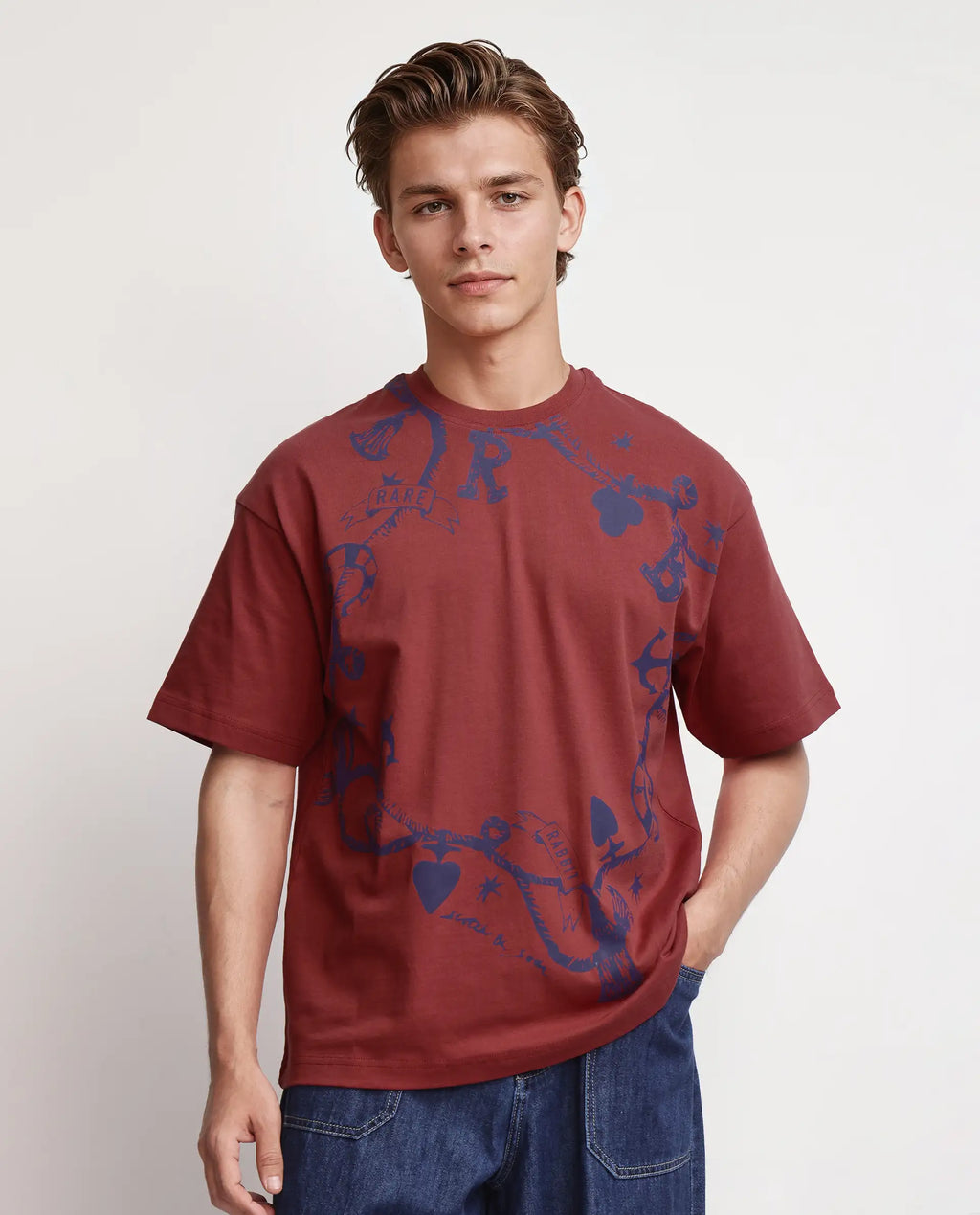 Rare Rabbit Men's Xab Pastel Red Cotton Graphic Print Oversized Fit Half Sleeve Crew Neck T-Shirt