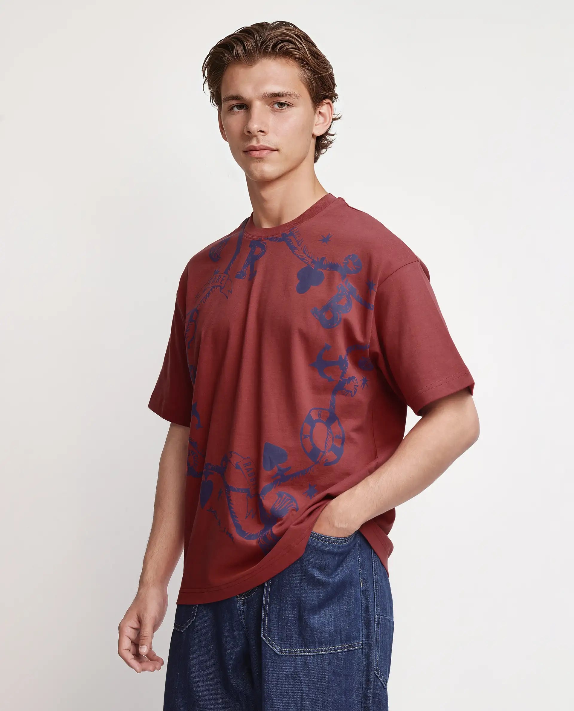 Rare Rabbit Men's Xab Pastel Red Cotton Graphic Print Oversized Fit Half Sleeve Crew Neck T-Shirt
