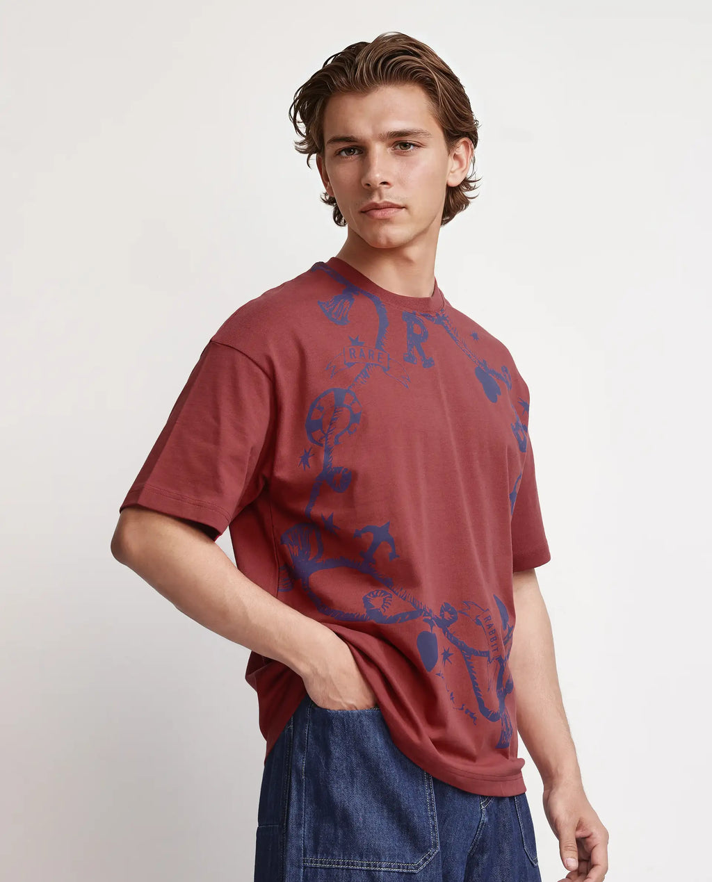 Rare Rabbit Men's Xab Pastel Red Cotton Graphic Print Oversized Fit Half Sleeve Crew Neck T-Shirt