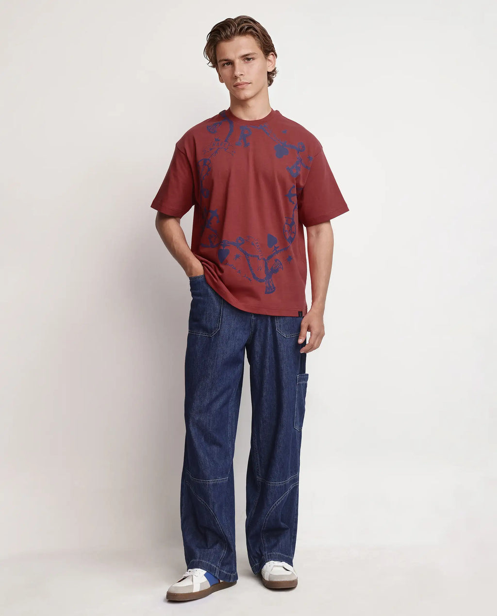 Rare Rabbit Men's Xab Pastel Red Cotton Graphic Print Oversized Fit Half Sleeve Crew Neck T-Shirt