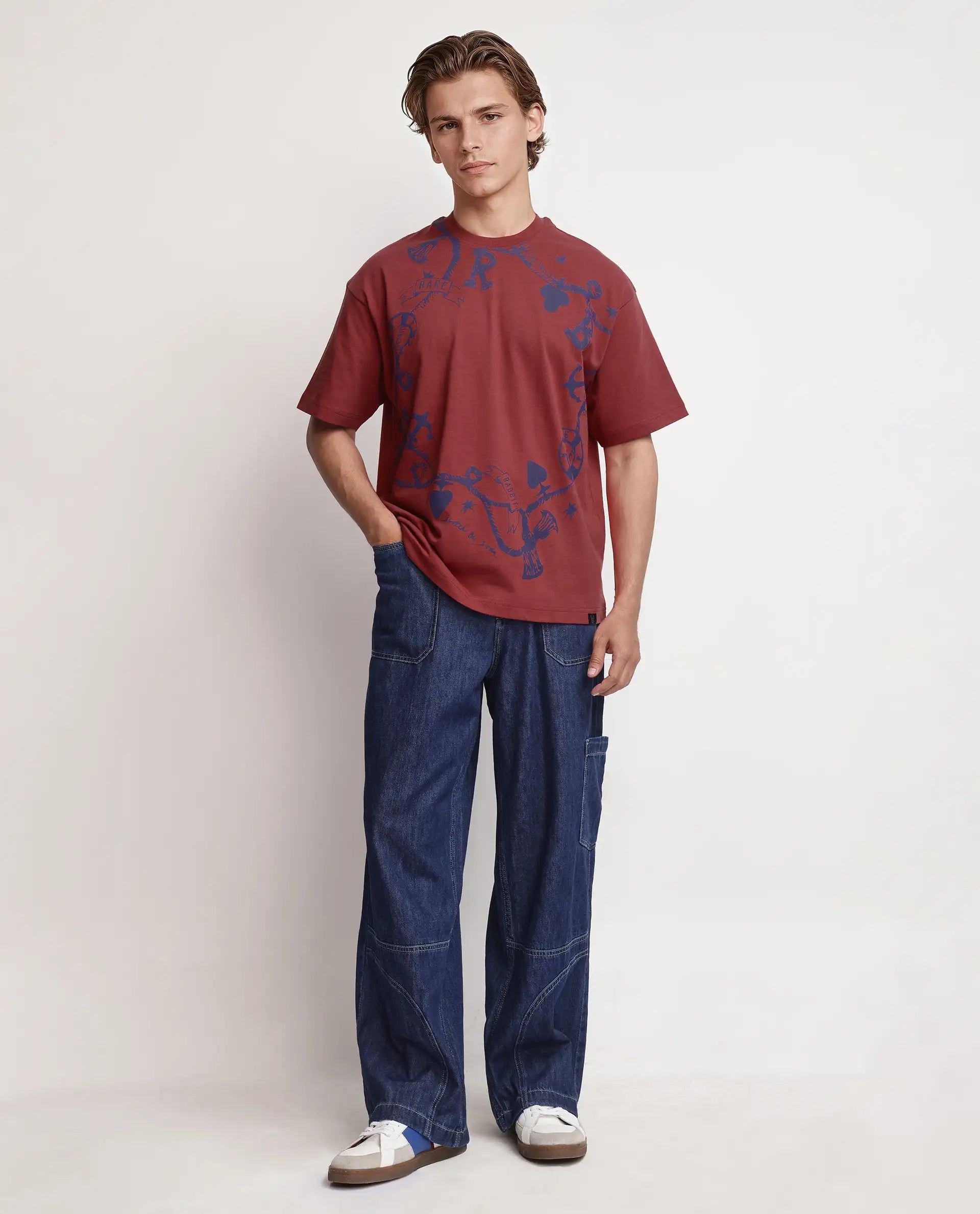 Rare Rabbit Men's Xab Pastel Red Cotton Graphic Print Oversized Fit Half Sleeve Crew Neck T-Shirt